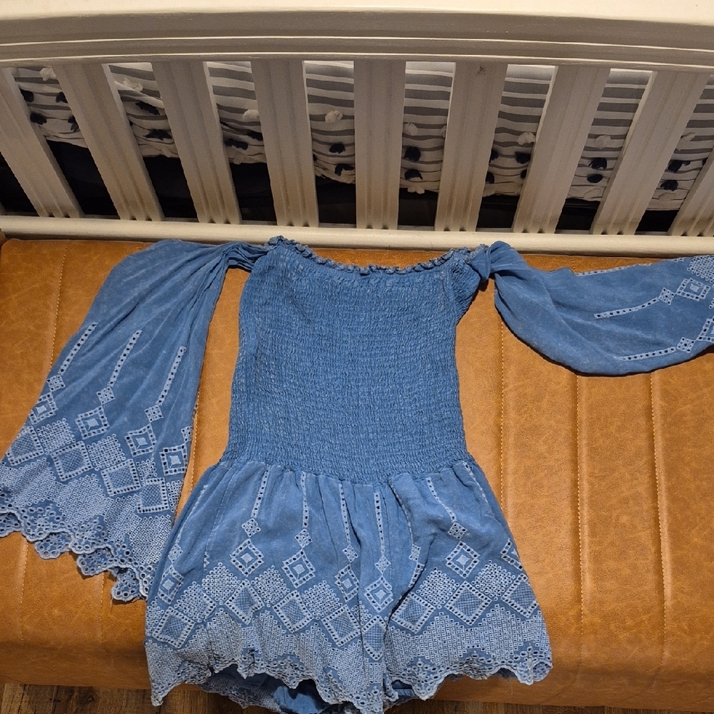 Vintage HAVANNA Blue  Romper With Bell Sleeves